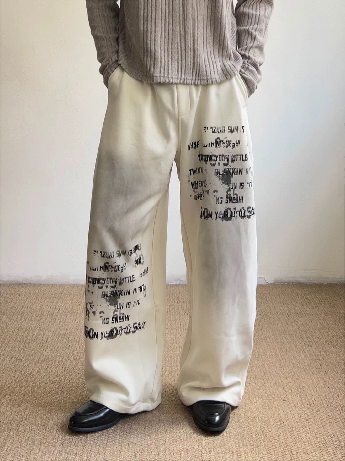Brick Lane Wide-Leg Grunge Graffiti Print Pants - Off-White