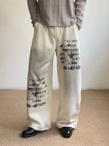 Brick Lane Wide-Leg Grunge Graffiti Print Pants - Off-White