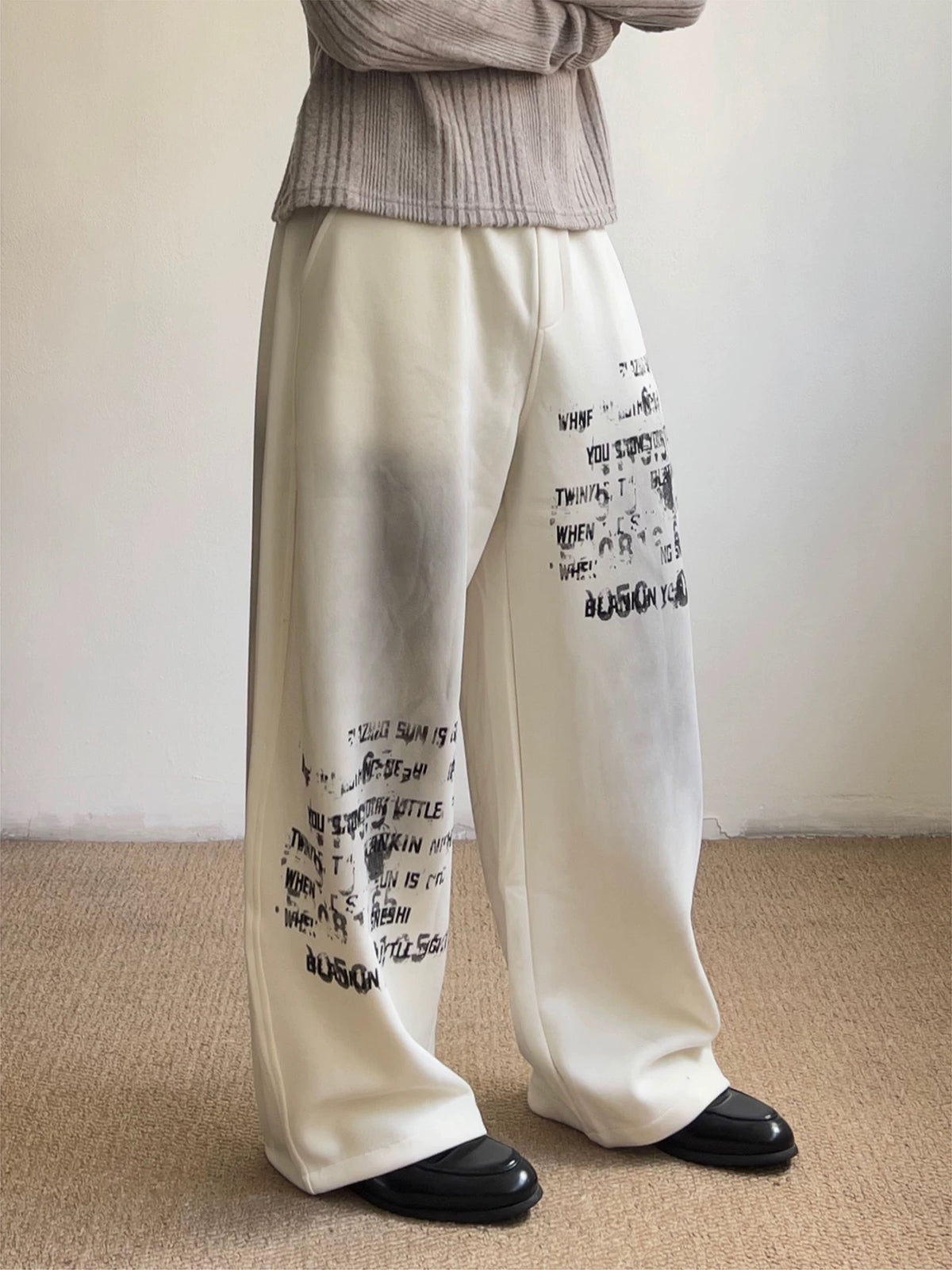 Brick Lane Wide-Leg Grunge Graffiti Print Pants - Off-White