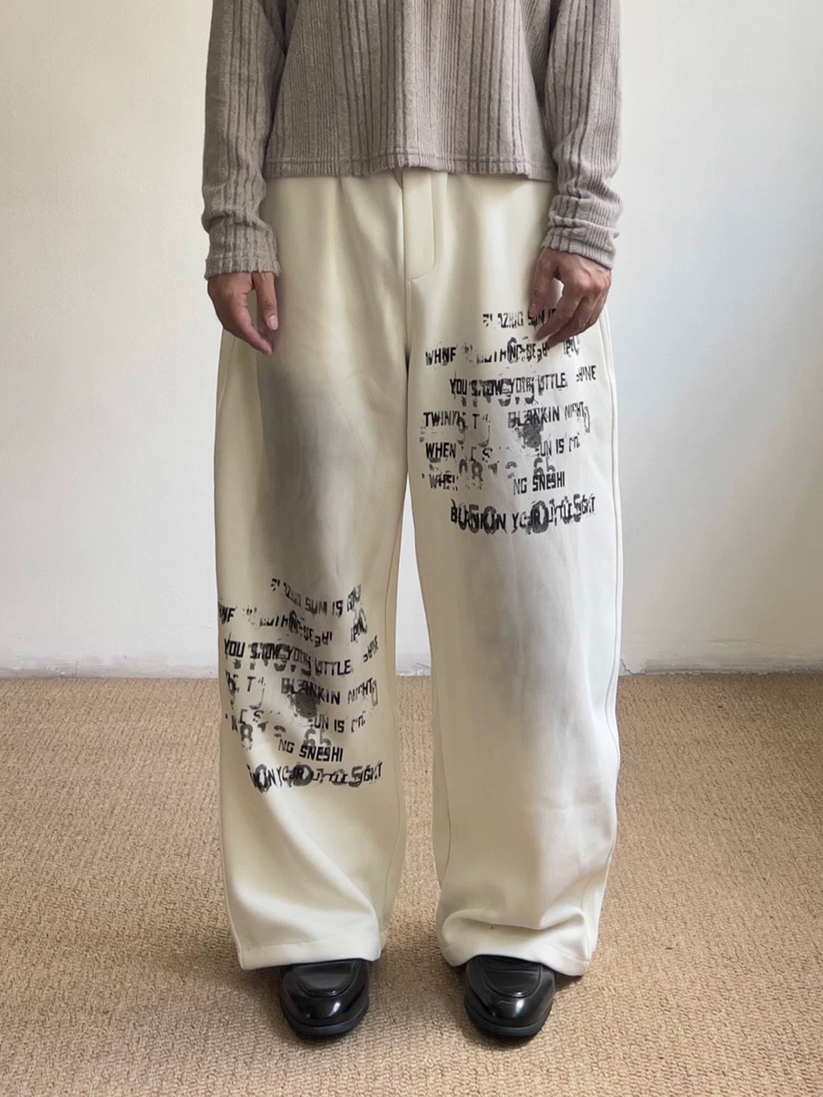 Brick Lane Wide-Leg Grunge Graffiti Print Pants - Off-White
