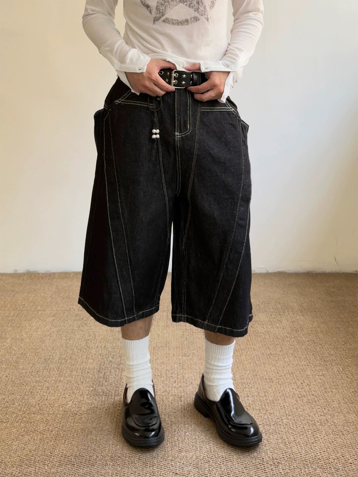 Brick Lane Wide-Leg Multi-Pocket Utility Cargo Shorts - Black