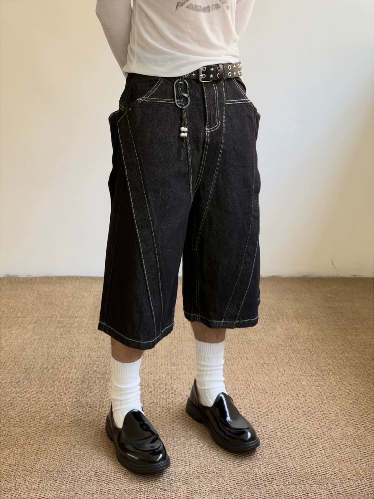 Brick Lane Wide-Leg Multi-Pocket Utility Cargo Shorts - Black