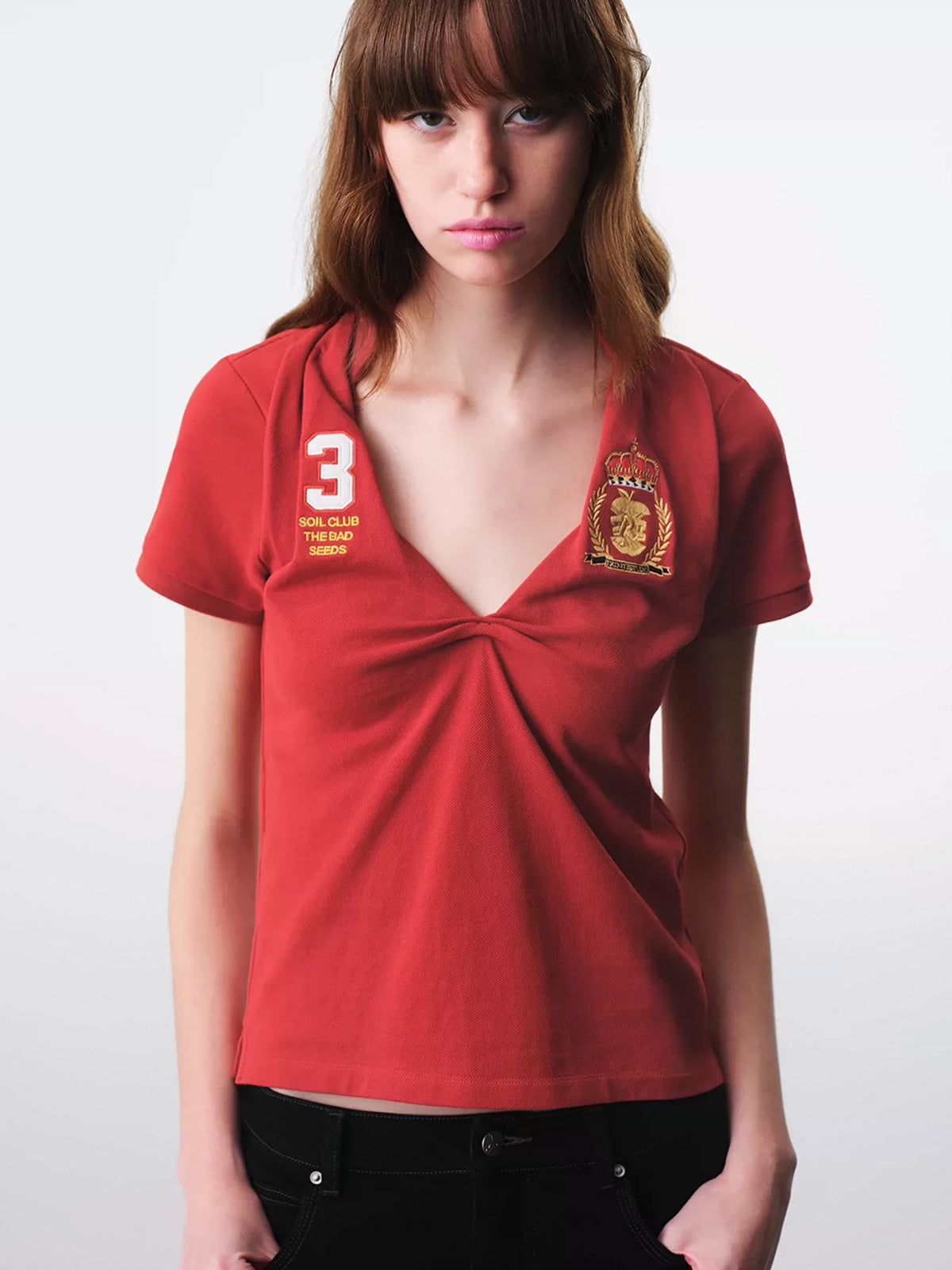 Brick Lane V-Neck Slim Fit Jersey Style T-Shirt - Red
