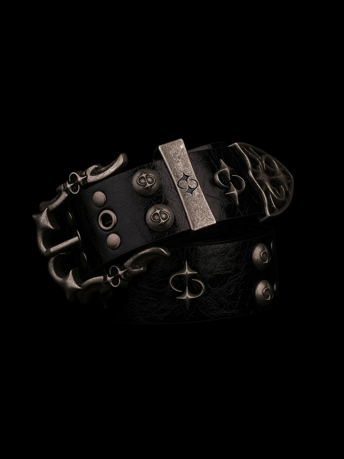 Brick Lane Double Grommet Studded Punk PU Leather Belt - Black