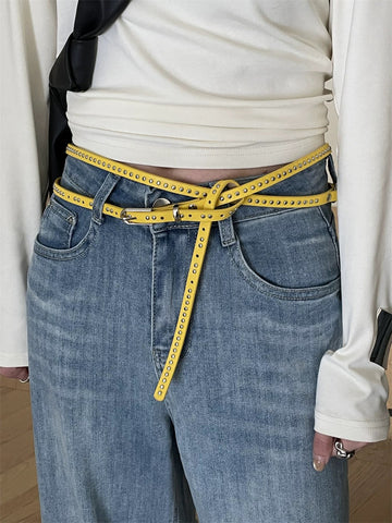 Brick Lane Skinny Double Wrap PU Leather Waist Belt - Yellow