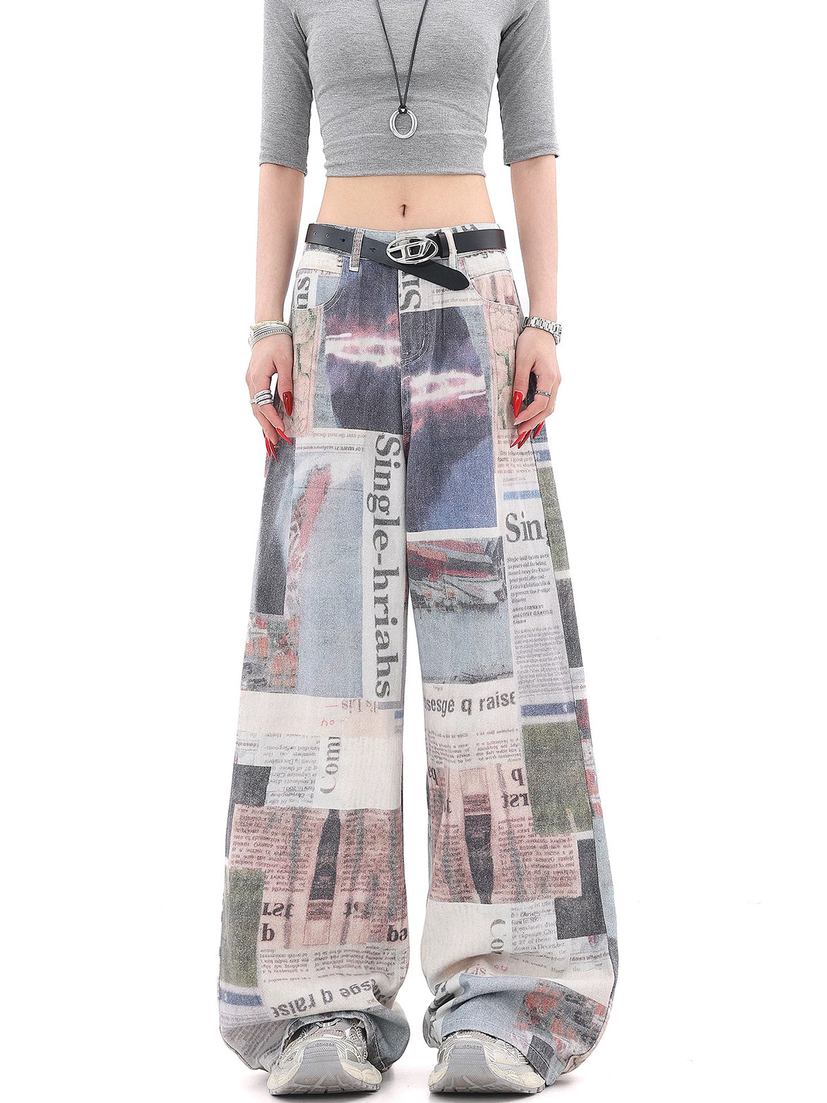 Brick Lane Wide-Leg Newspaper All-Over Print Pants - Grey Multi