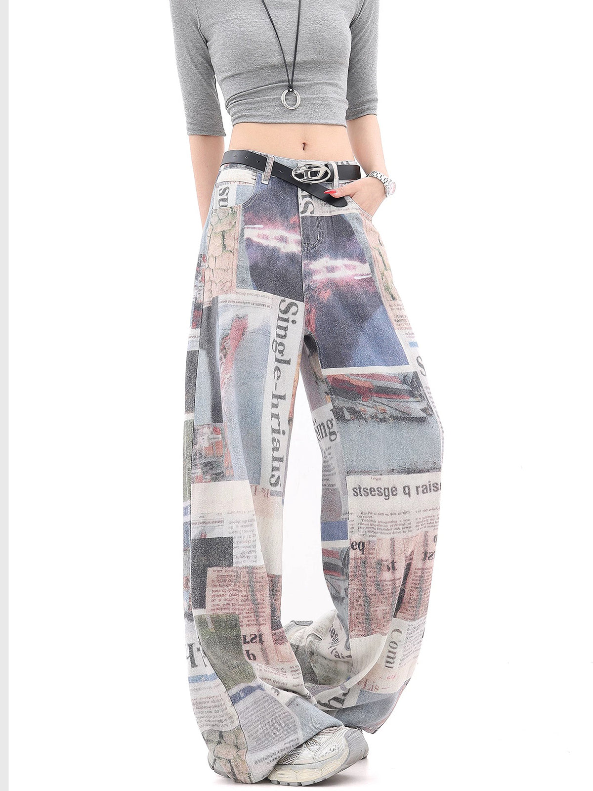 Brick Lane Wide-Leg Newspaper All-Over Print Pants - Grey Multi