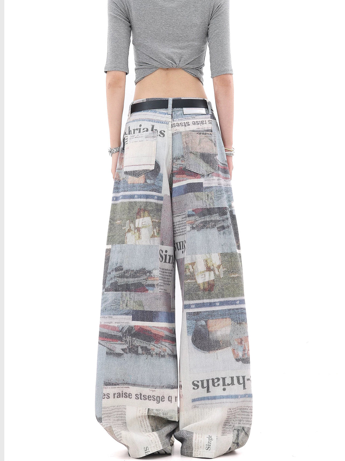 Brick Lane Wide-Leg Newspaper All-Over Print Pants - Grey Multi