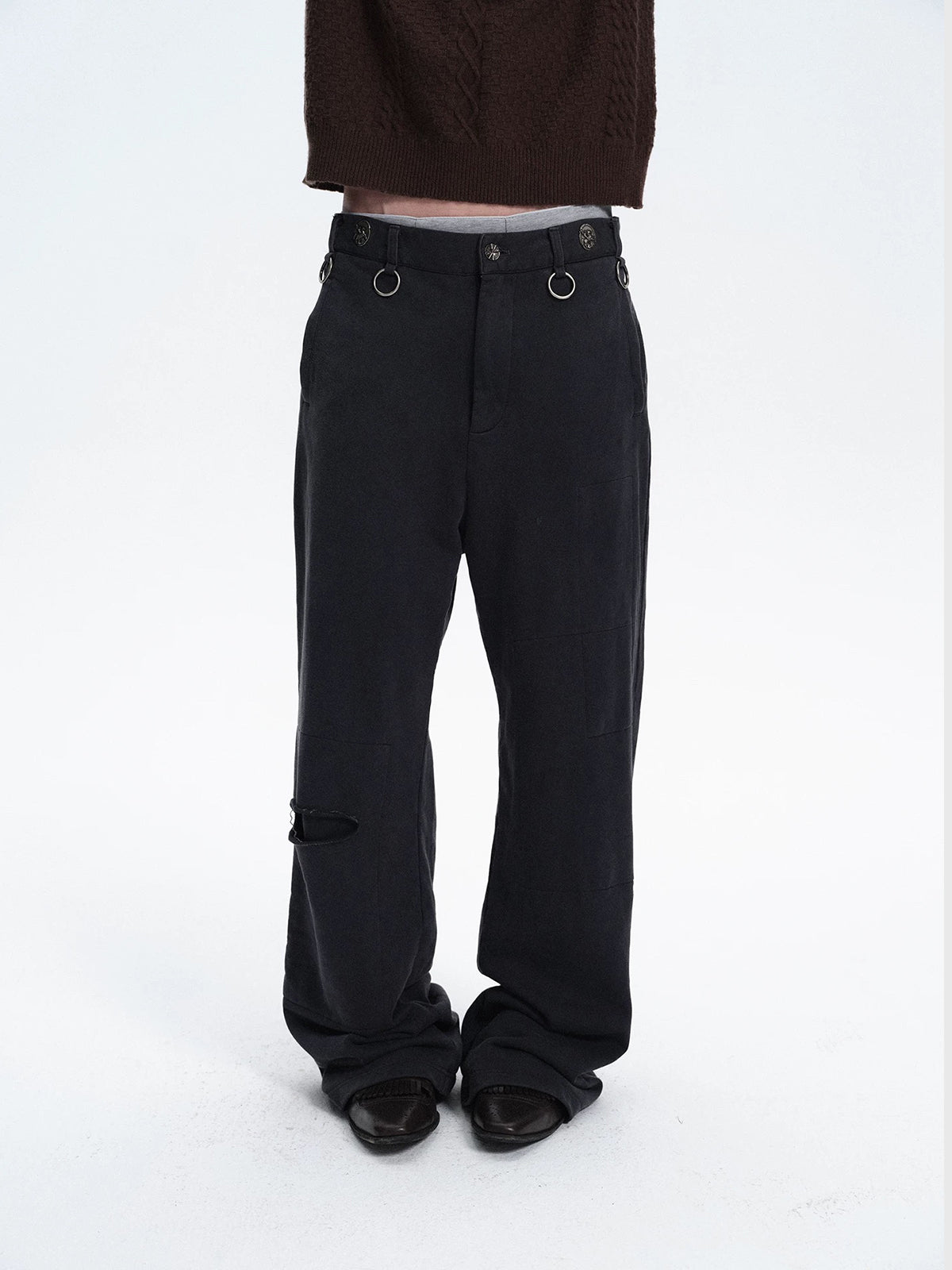 Brick Lane Wide-Leg Multi-Metal Ring Detail Pants - Black