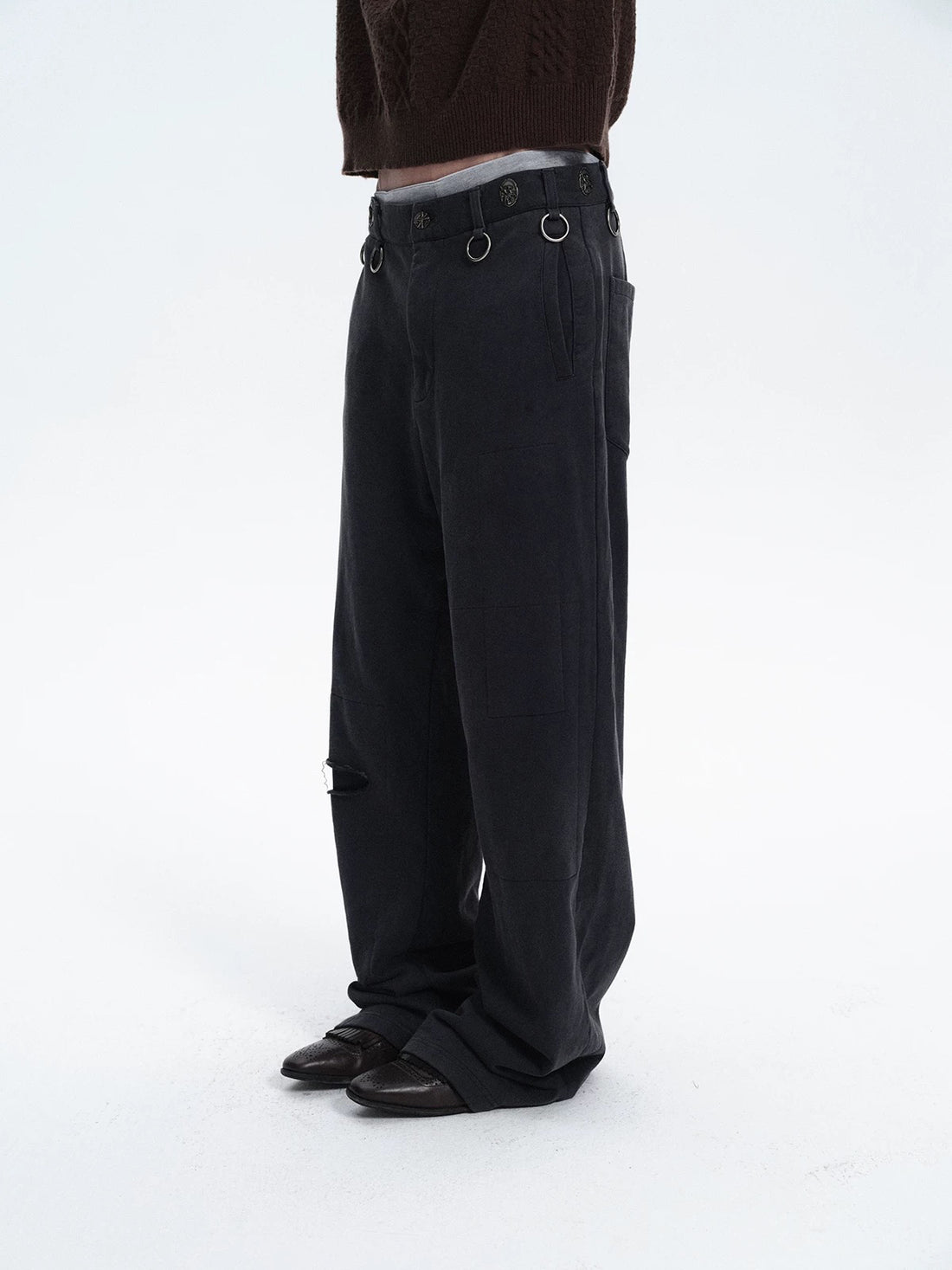Brick Lane Wide-Leg Multi-Metal Ring Detail Pants - Black
