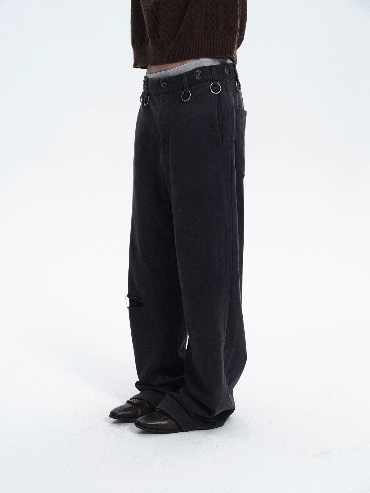 Brick Lane Wide-Leg Multi-Metal Ring Detail Pants - Black
