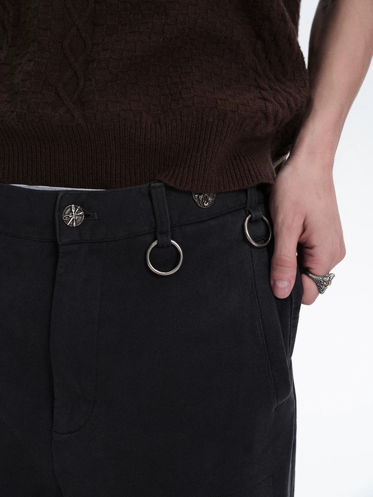Brick Lane Wide-Leg Multi-Metal Ring Detail Pants - Black