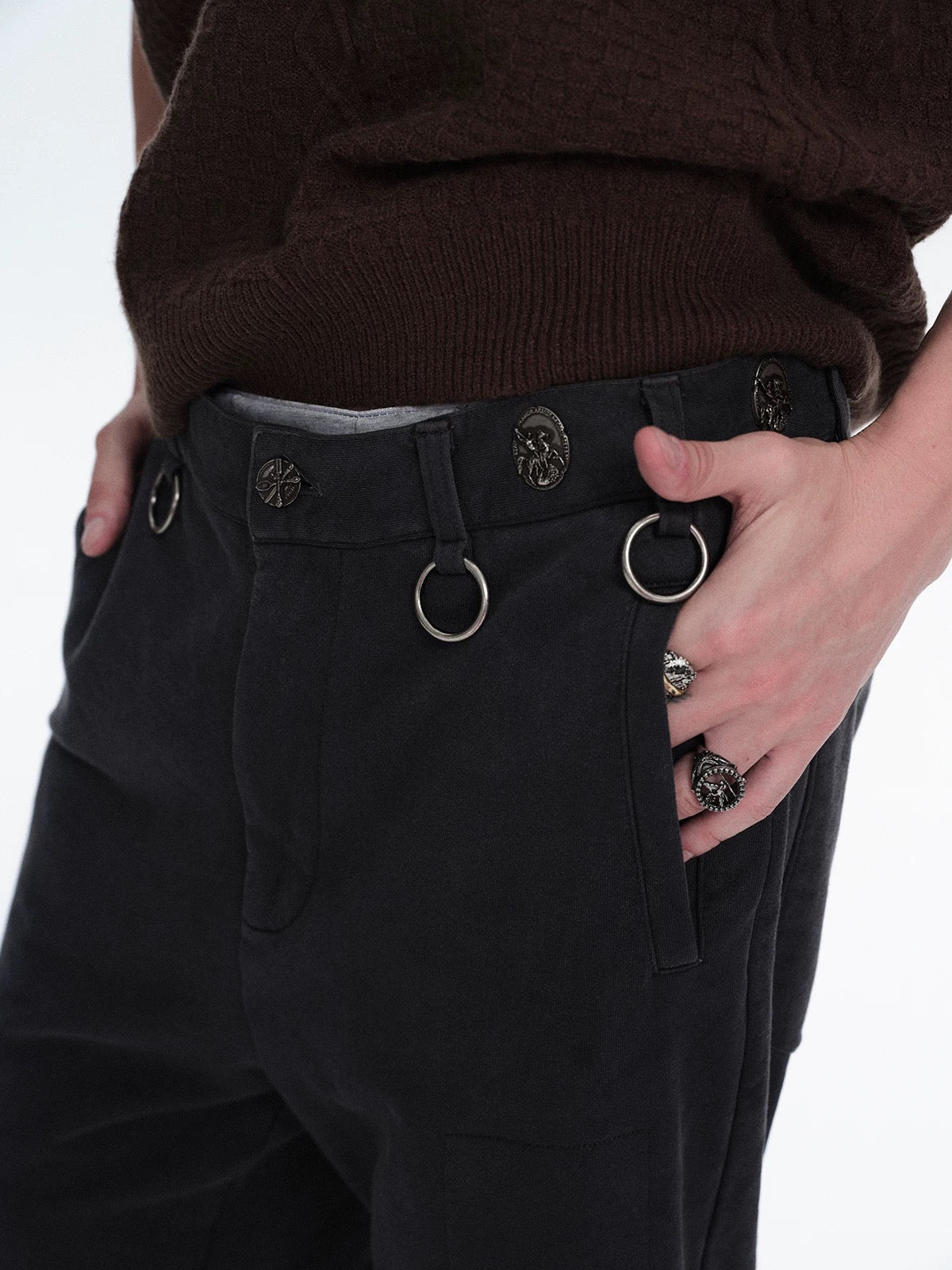 Brick Lane Wide-Leg Multi-Metal Ring Detail Pants - Black