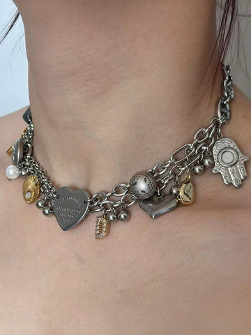 Brick Lane Chunky Vintage Medal Heart Pendant Necklace - Silver