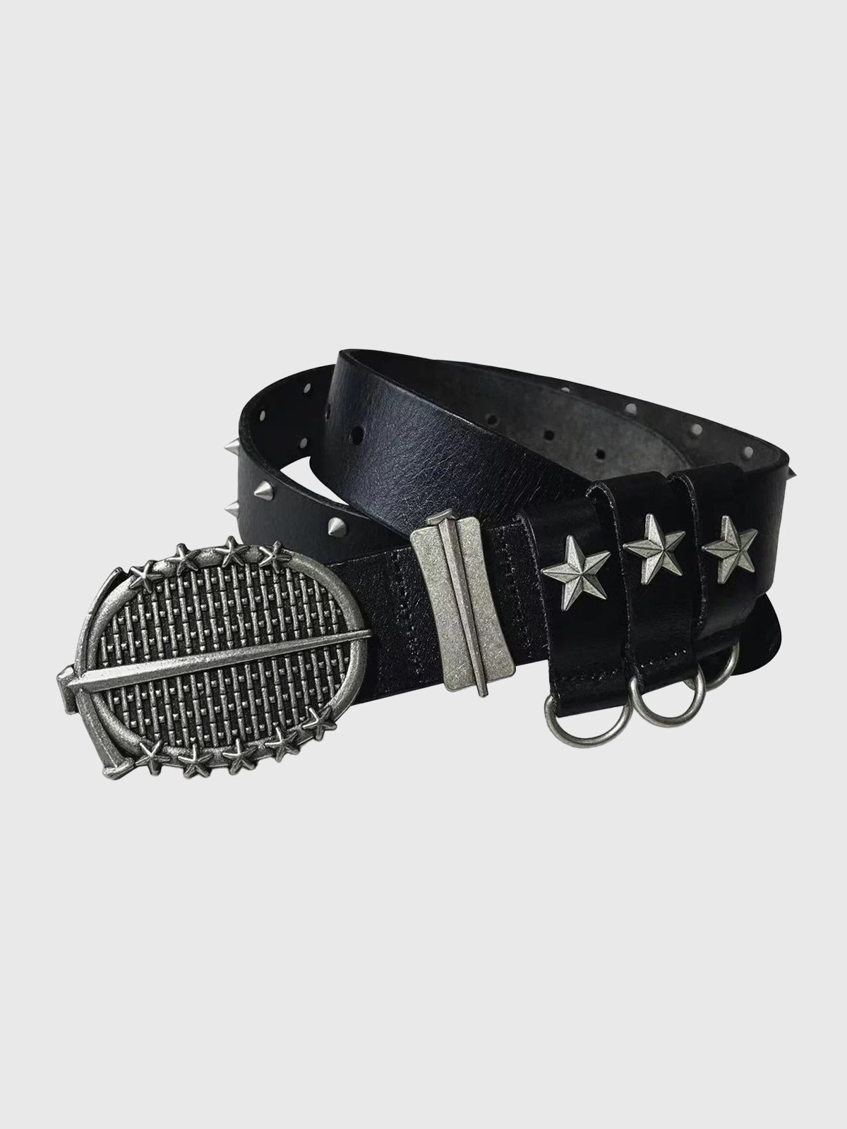 Brick Lane Wide Grommet Studded Multi-Ring Punk Belt - Black