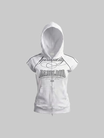 Brick Lane Skimming Graphic Back Print Hooded Sleeveless Top - White