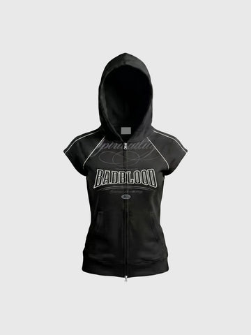 Brick Lane Skimming Graphic Back Print Hooded Sleeveless Top - Black