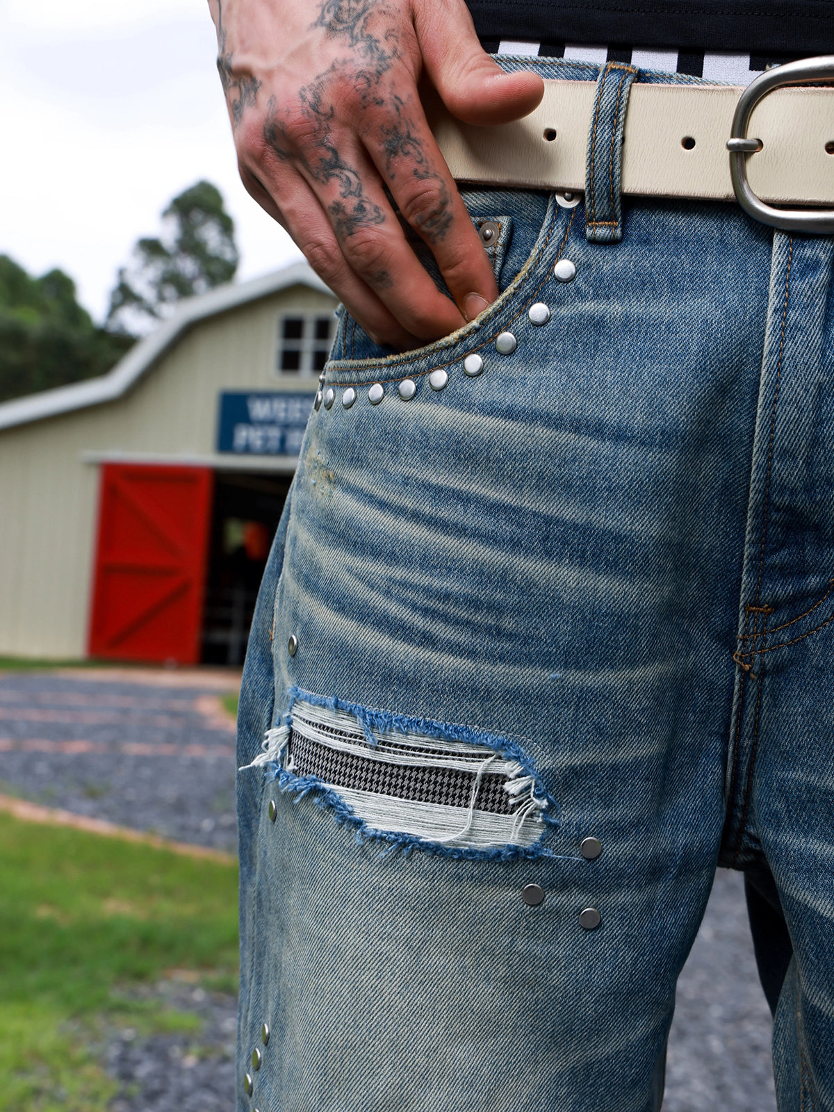 Brick Lane Flared Check Plaid Washed Distressed Jeans - Blue