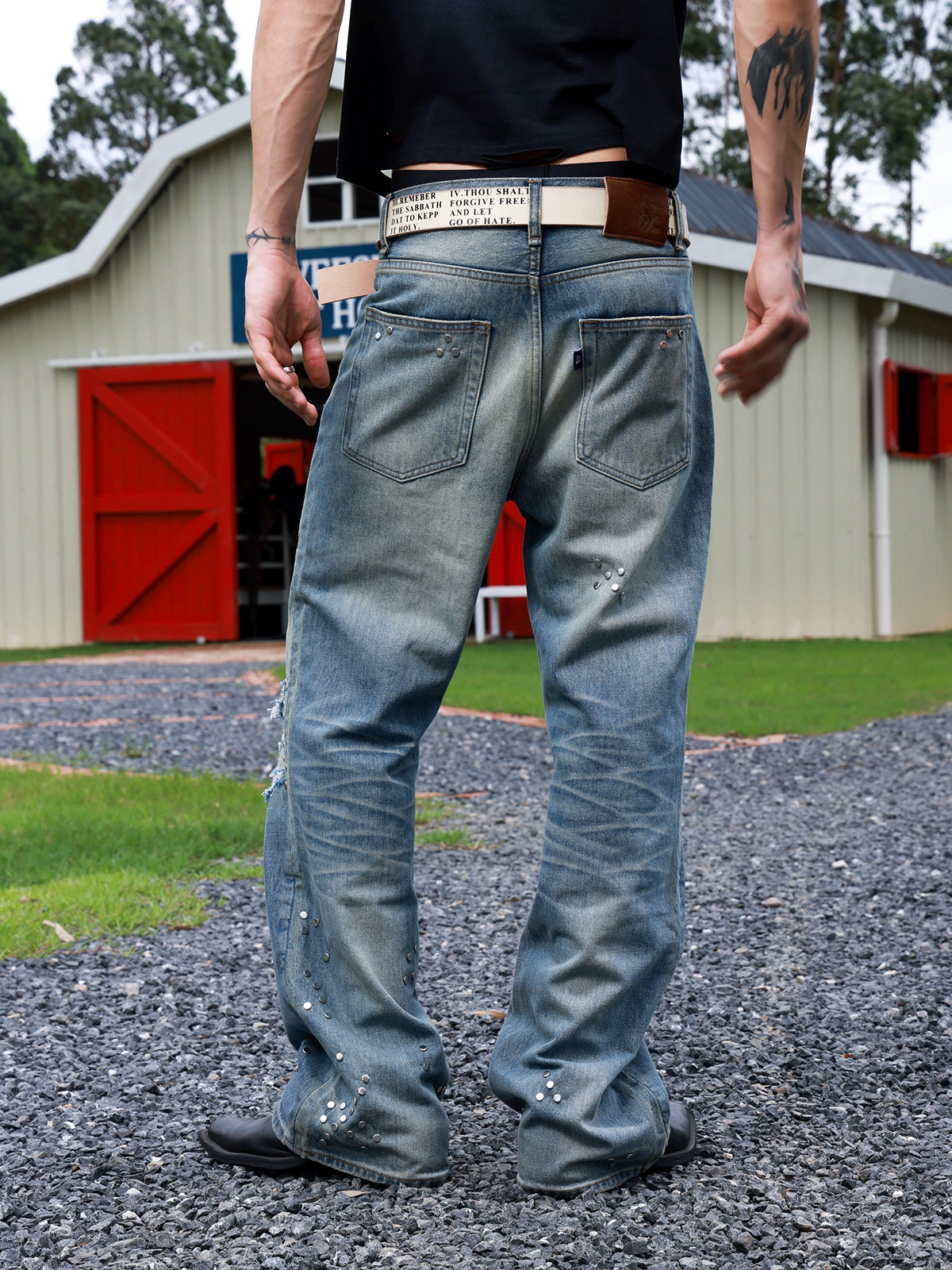 Brick Lane Flared Check Plaid Washed Distressed Jeans - Blue