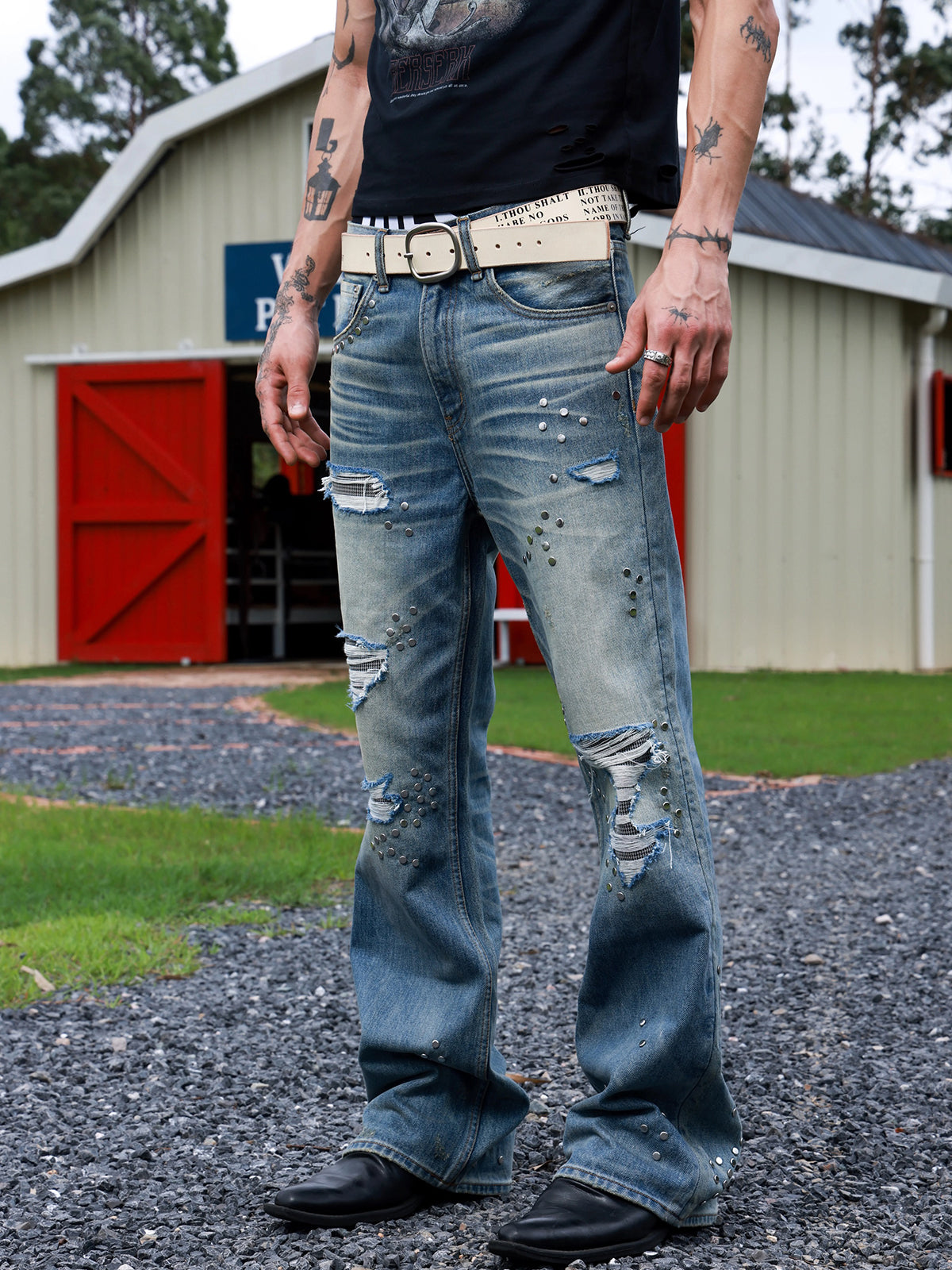 Brick Lane Flared Check Plaid Washed Distressed Jeans - Blue