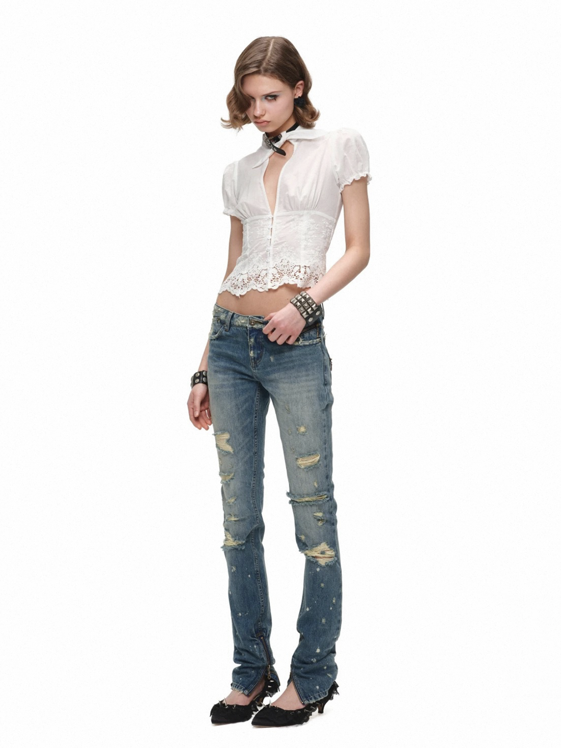 Brick Lane Skimming Lace Leather Panel Stand Collar Shirt - White