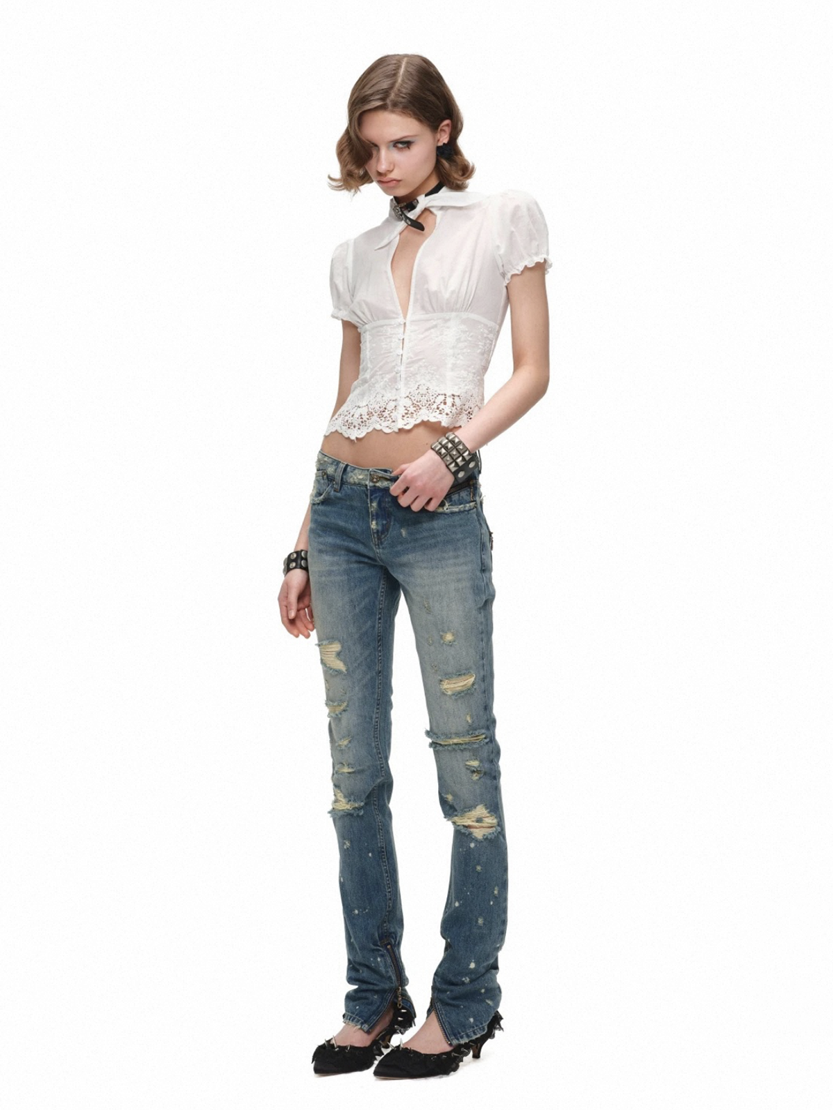 Brick Lane Skimming Lace Leather Panel Stand Collar Shirt - White