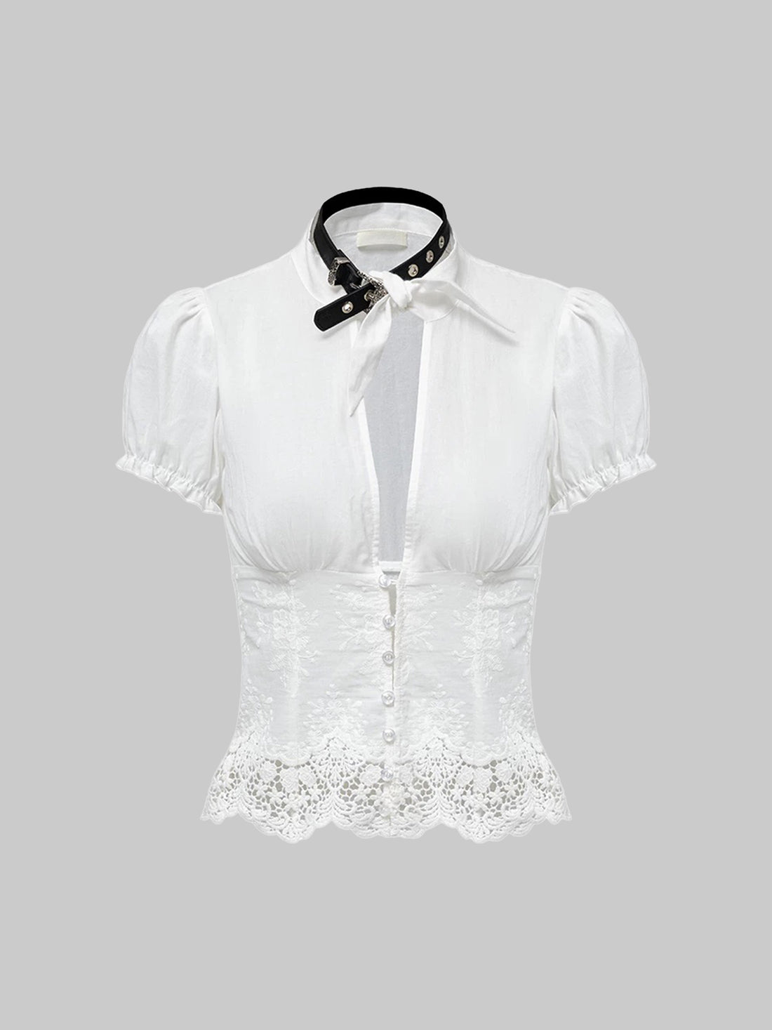 Brick Lane Skimming Lace Leather Panel Stand Collar Shirt - White