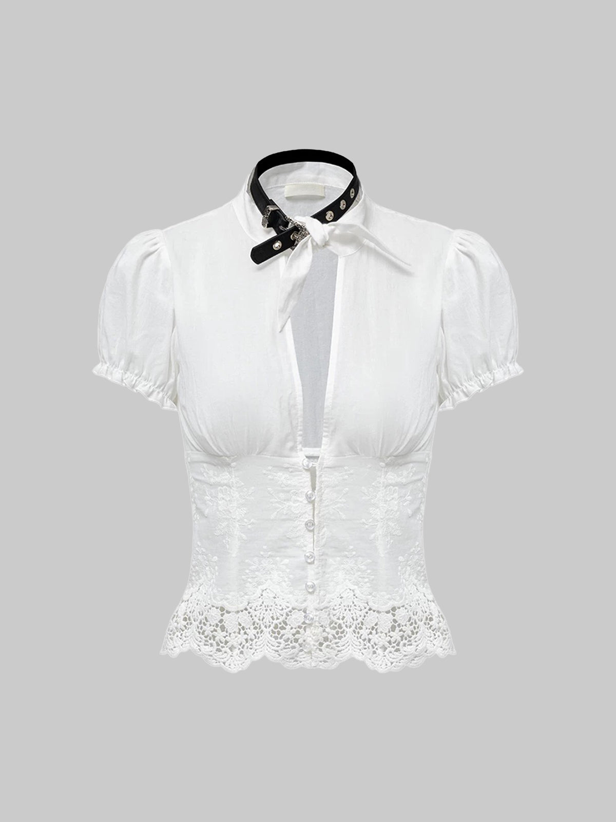Brick Lane Skimming Lace Leather Panel Stand Collar Shirt - White