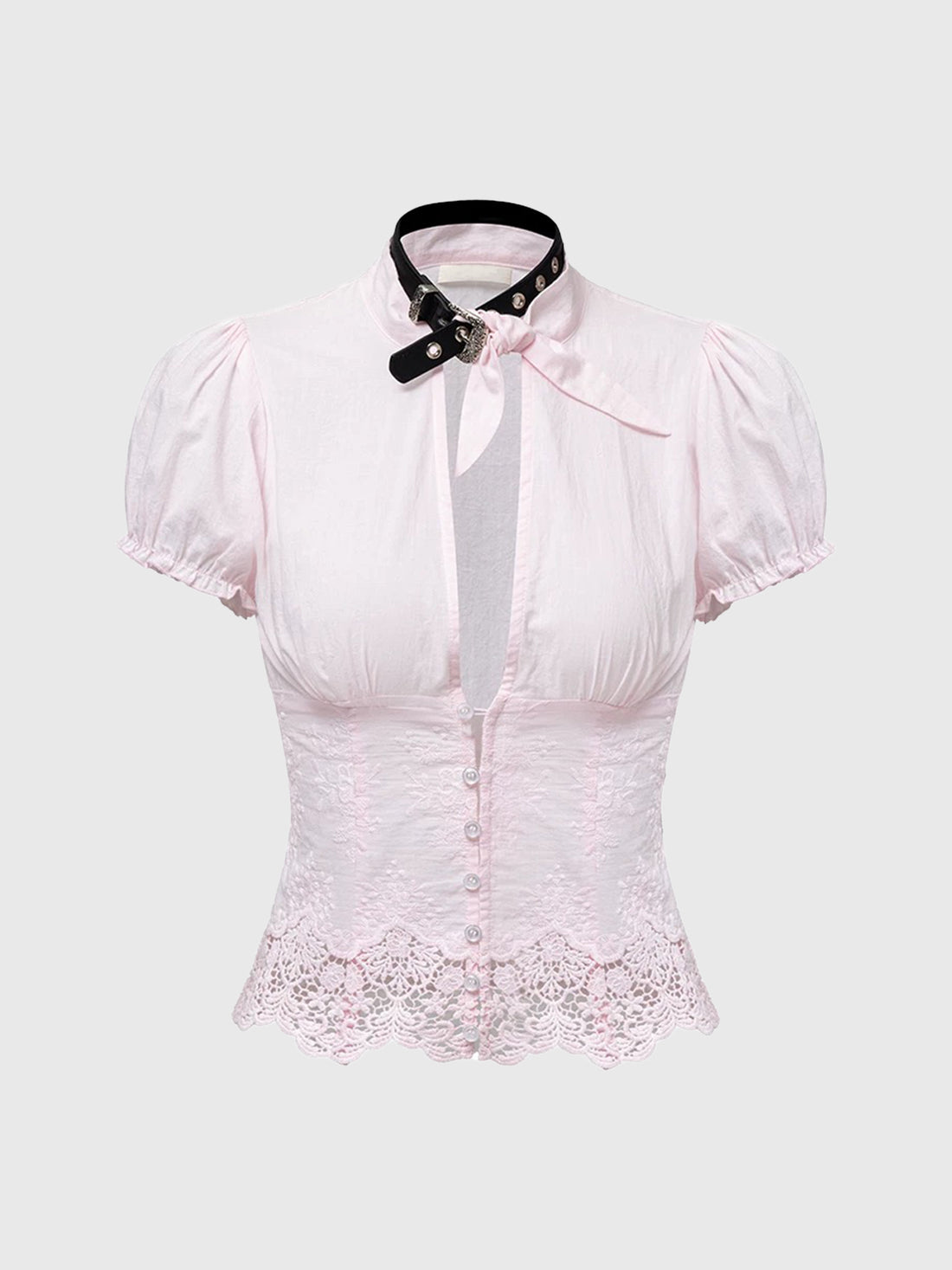 Brick Lane Skimming Lace Leather Panel Stand Collar Shirt - Pink