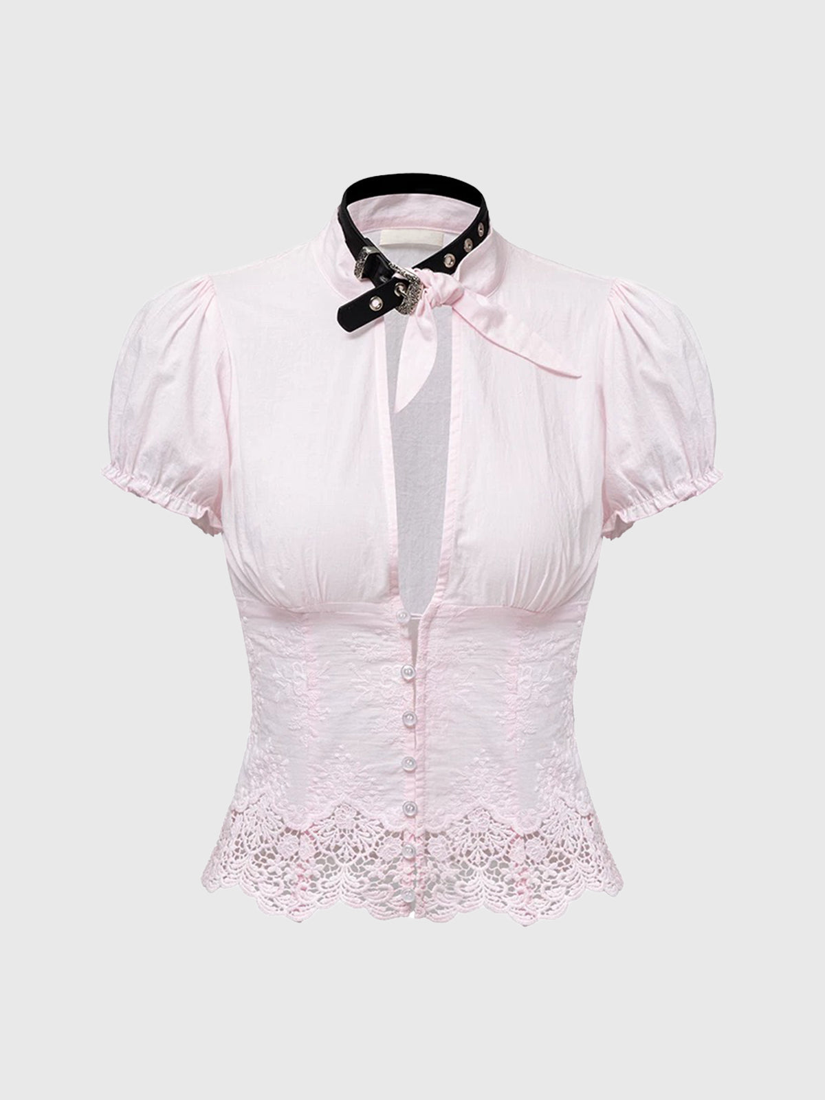 Brick Lane Skimming Lace Leather Panel Stand Collar Shirt - Pink
