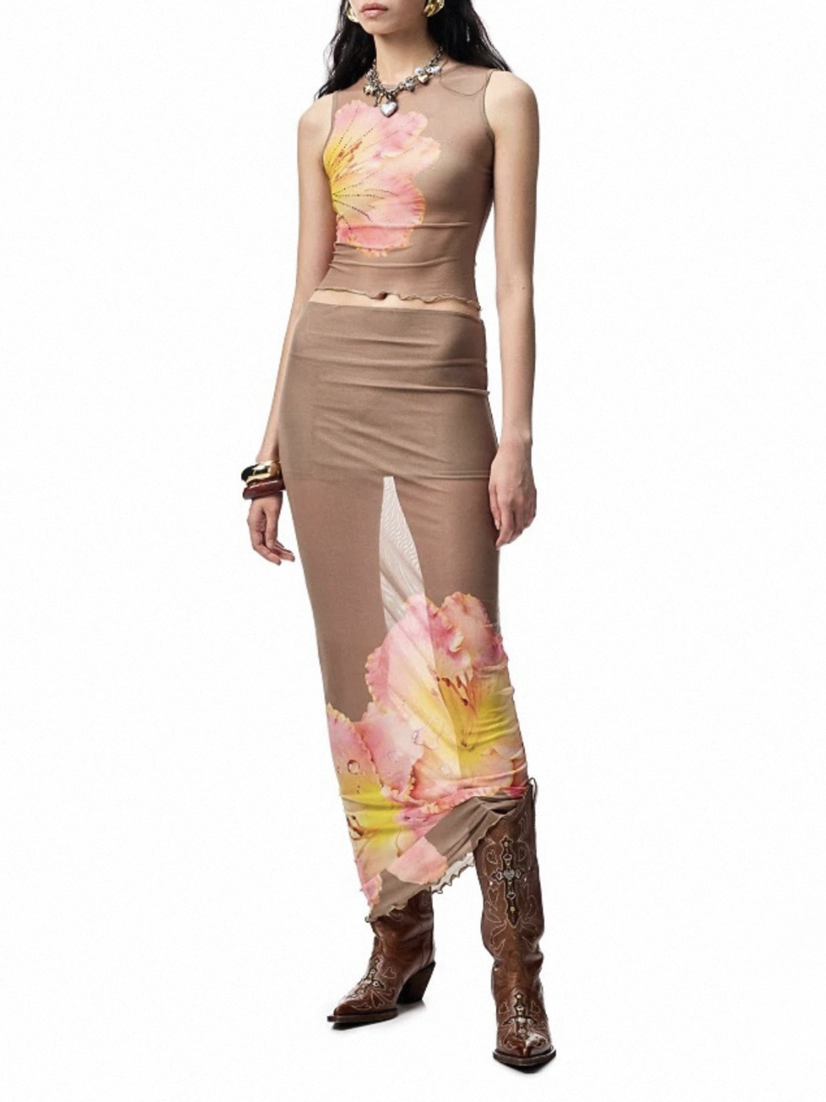 Brick Lane Skimming Mesh Sheer Floral Rhinestone Top - Pink