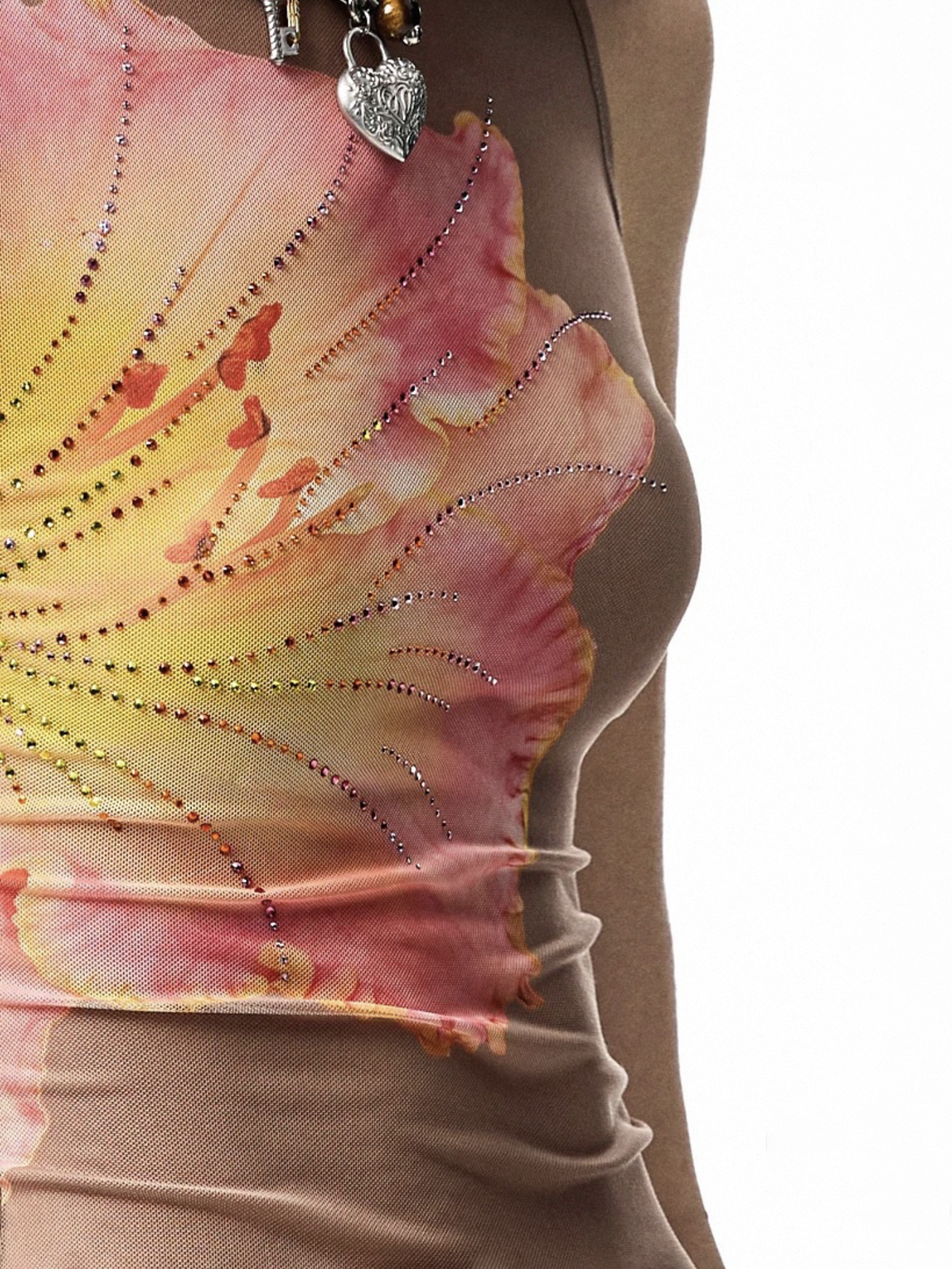 Brick Lane Skimming Mesh Sheer Floral Rhinestone Top - Pink