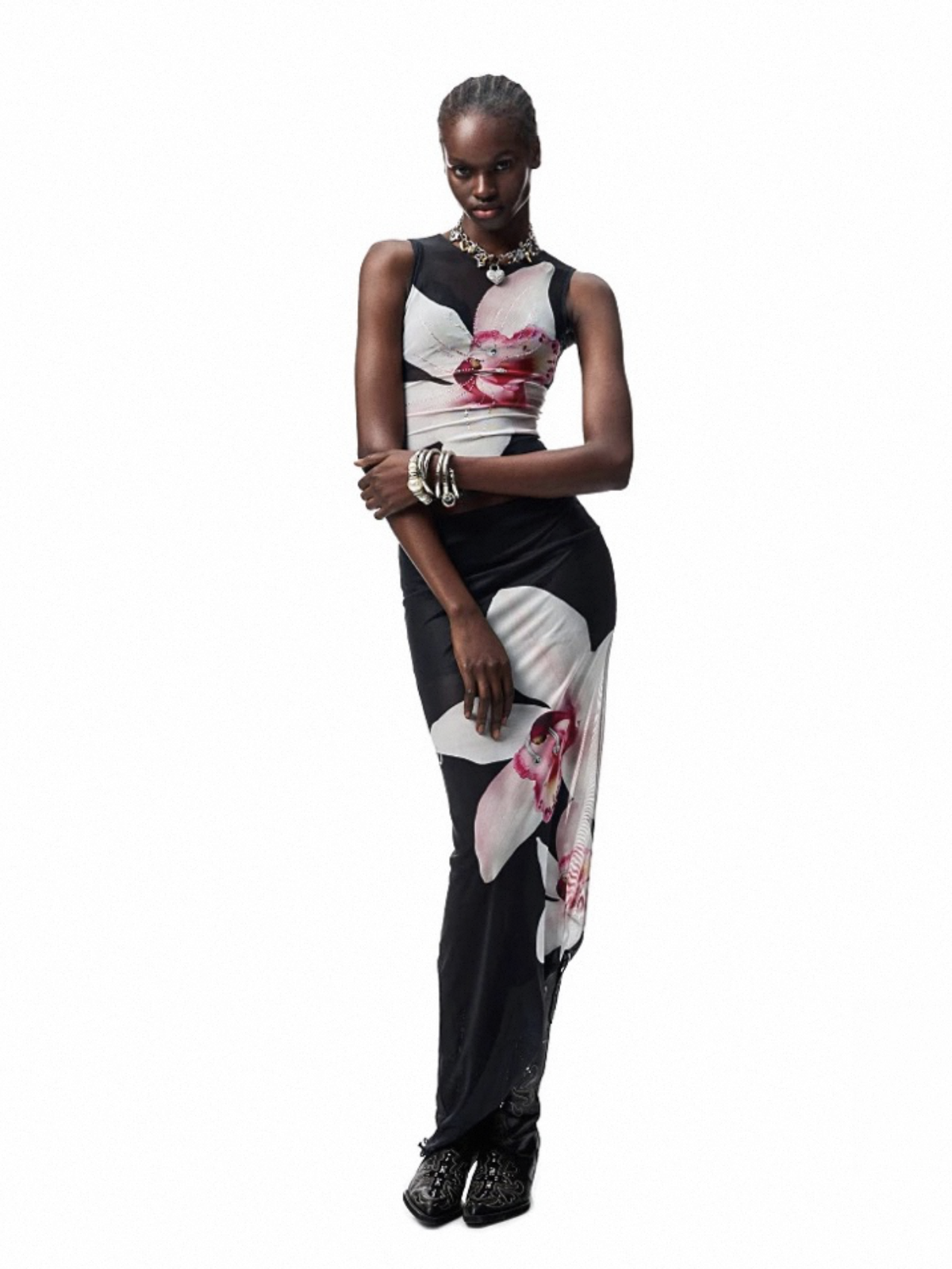 Brick Lane Skimming Mesh Sheer Floral Rhinestone Maxi Skirt - Black
