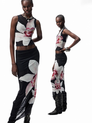 Brick Lane Skimming Mesh Sheer Floral Rhinestone Maxi Skirt - Black