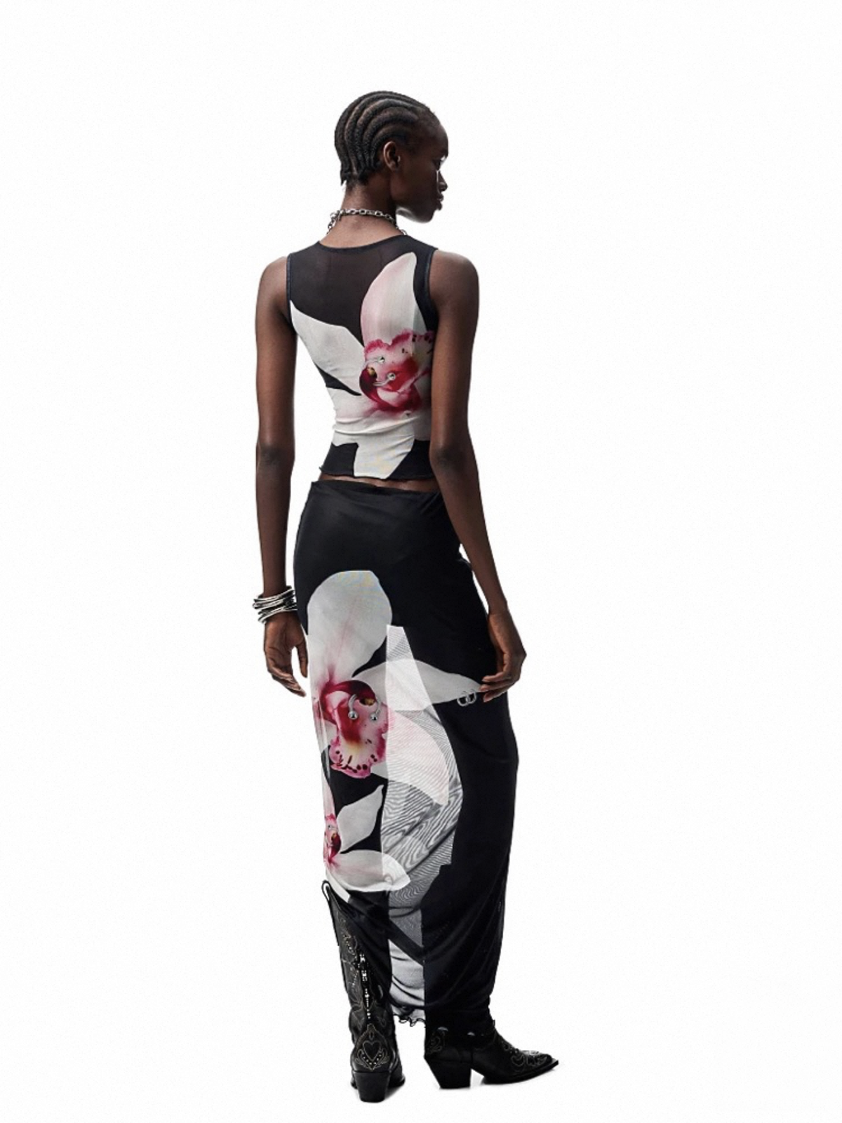 Brick Lane Skimming Mesh Sheer Floral Rhinestone Maxi Skirt - Black