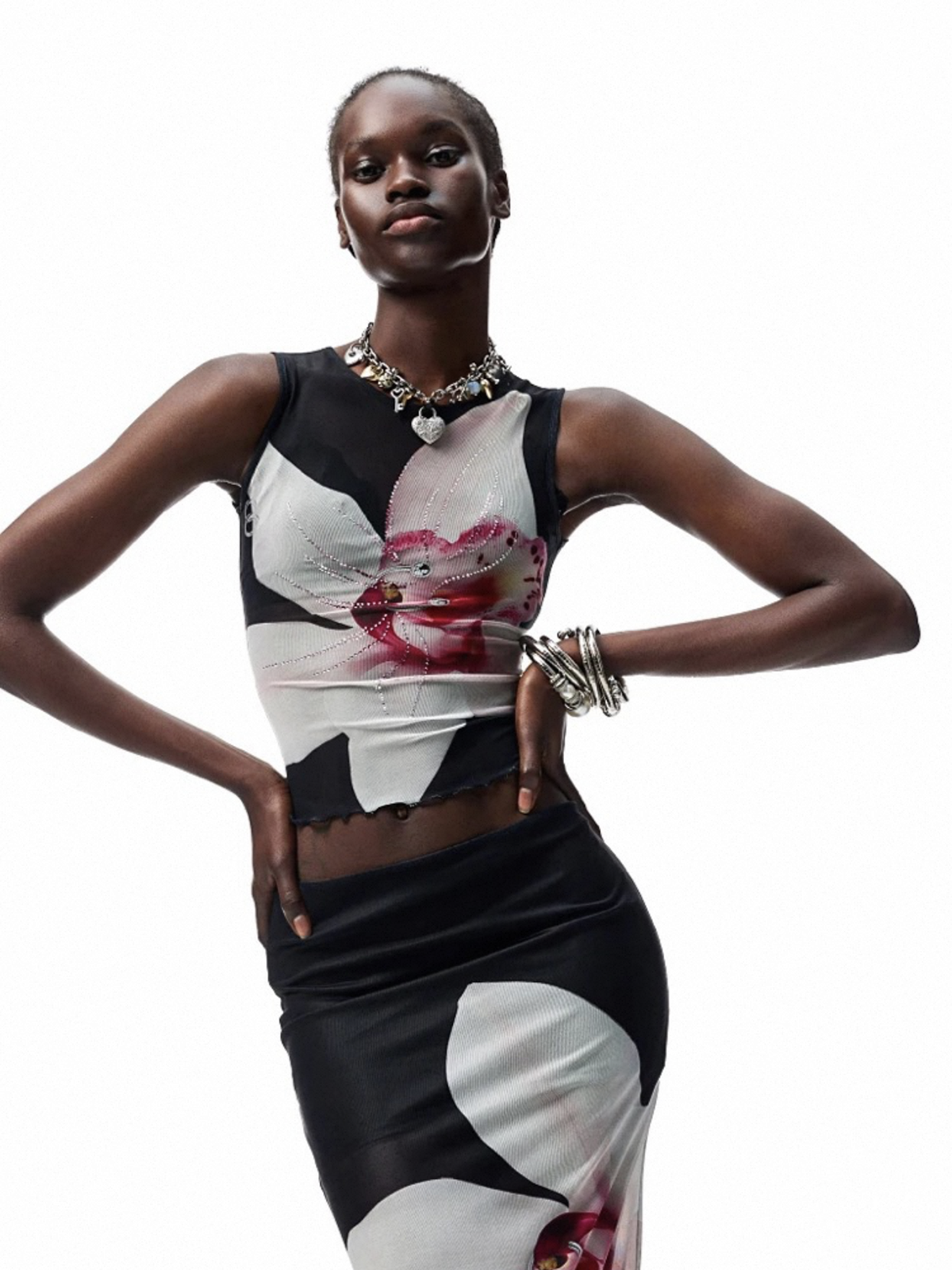 Brick Lane Skimming Mesh Sheer Floral Rhinestone Top - Black