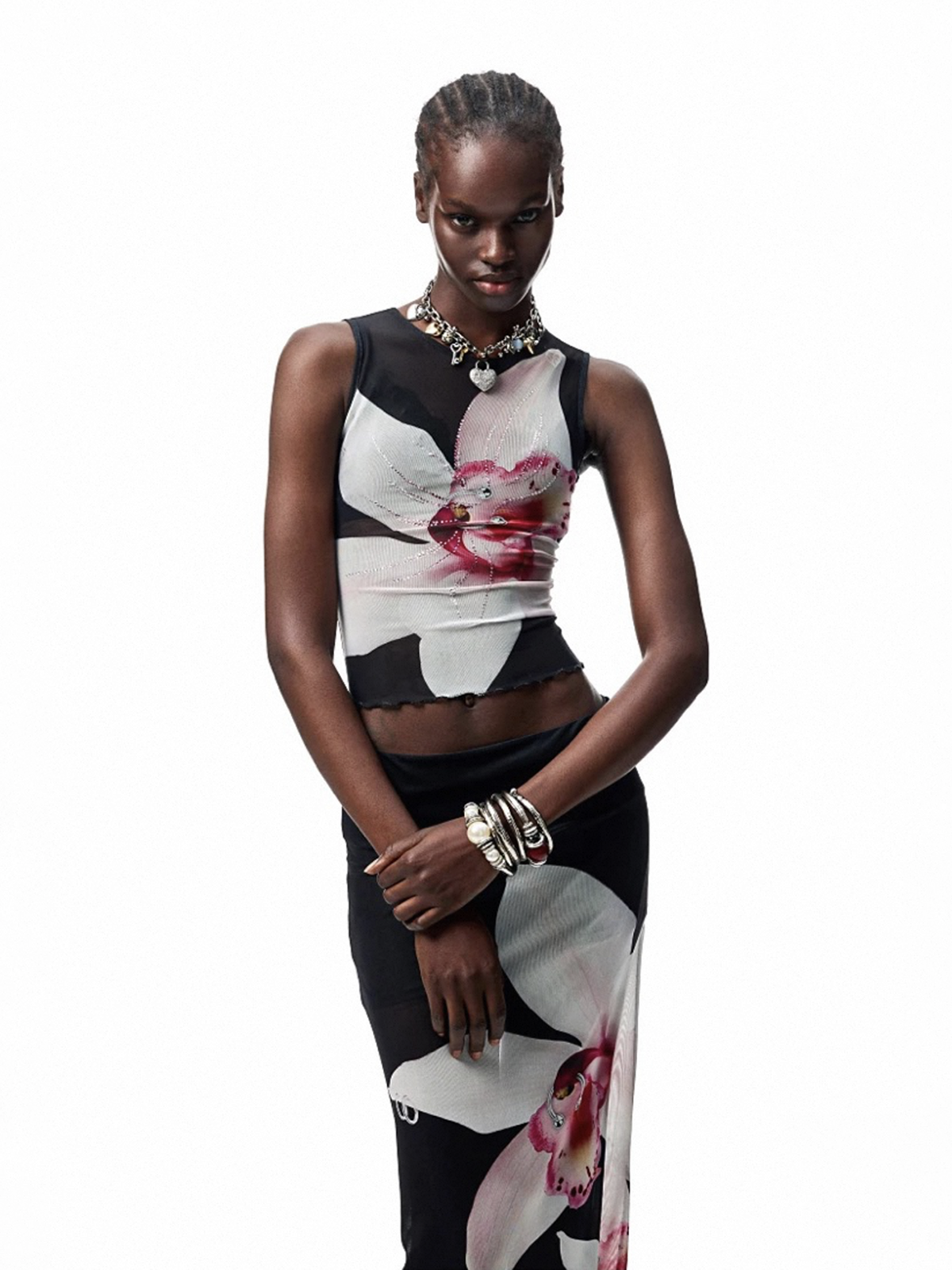 Brick Lane Skimming Mesh Sheer Floral Rhinestone Top - Black