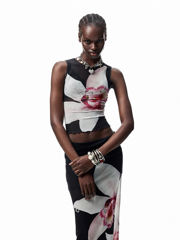 Brick Lane Skimming Mesh Sheer Floral Rhinestone Top - Black