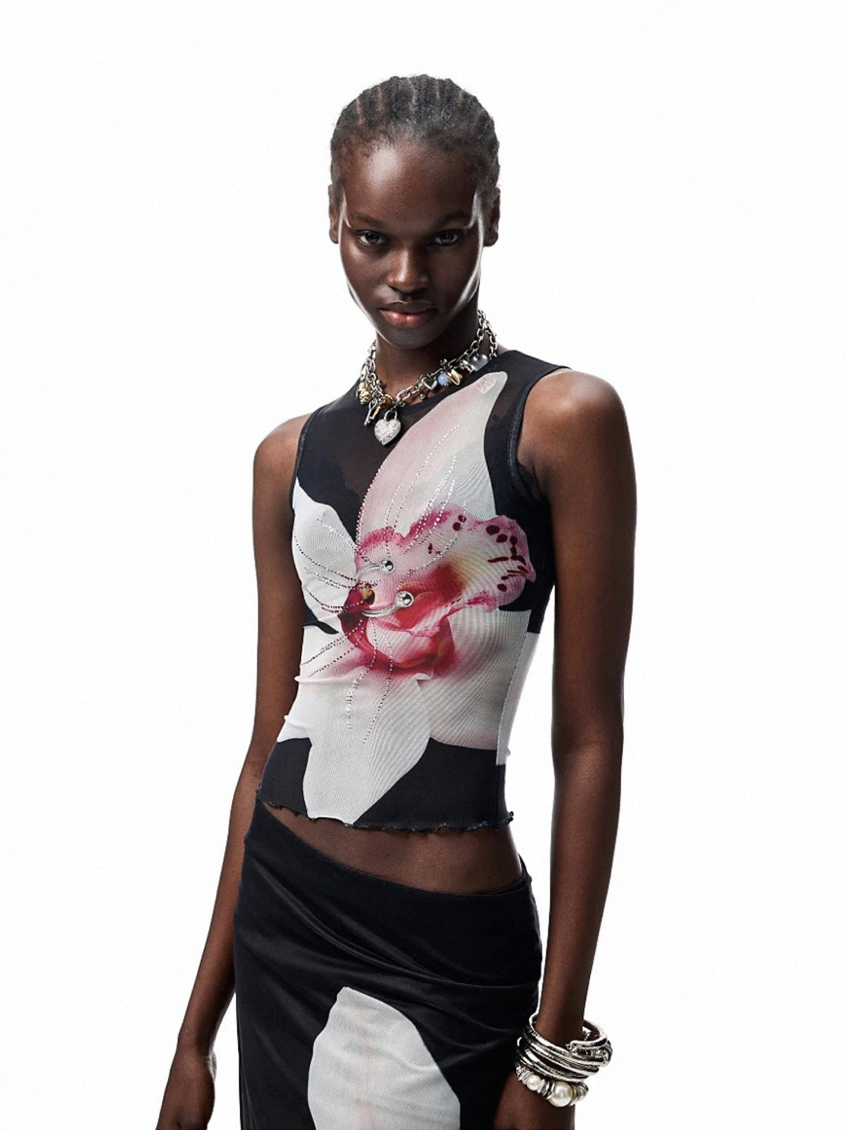 Brick Lane Skimming Mesh Sheer Floral Rhinestone Top - Black