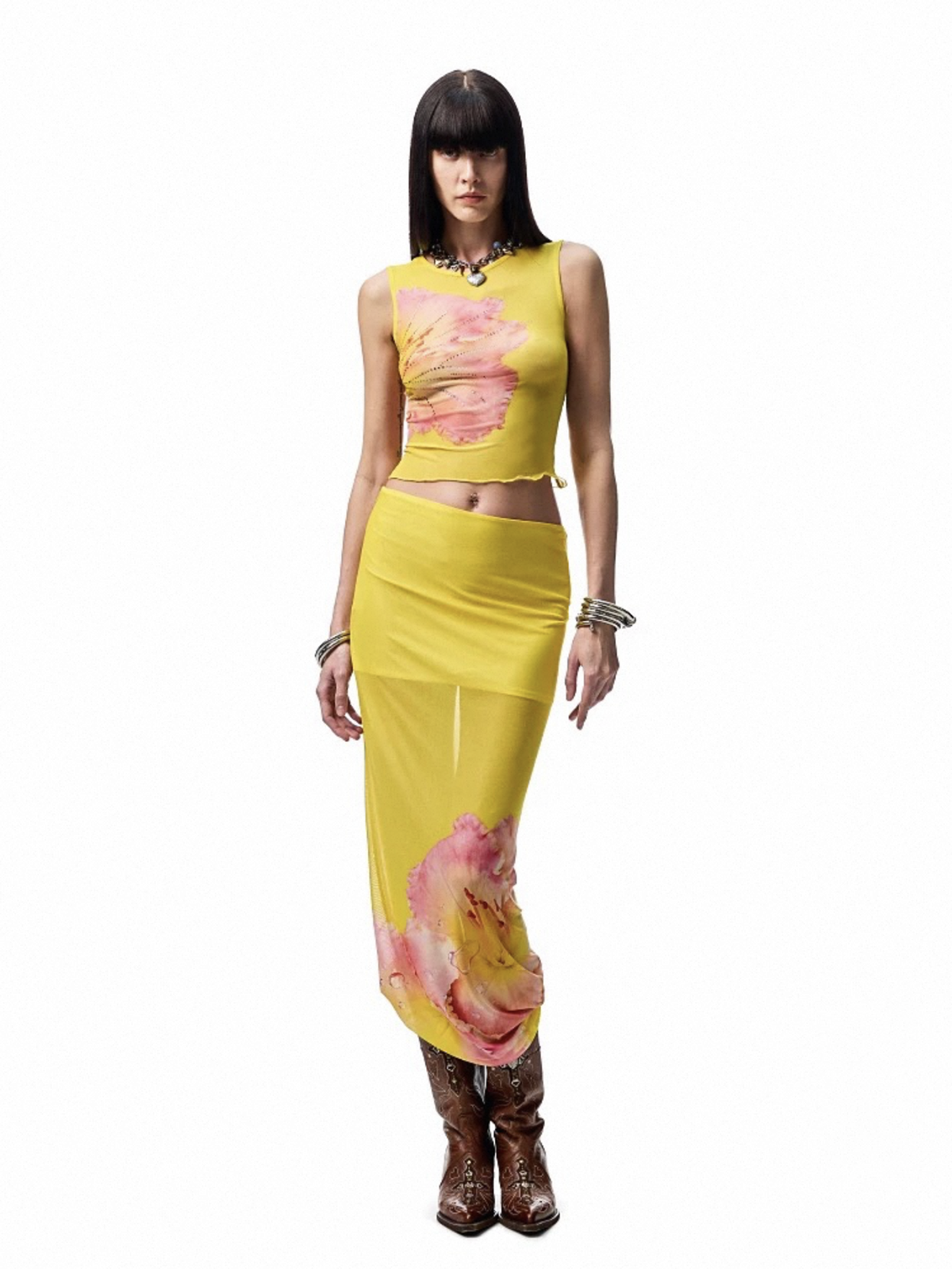 Brick Lane Skimming Mesh Sheer Floral Rhinestone Maxi Skirt - Yellow