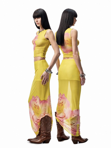 Brick Lane Skimming Mesh Sheer Floral Rhinestone Maxi Skirt - Yellow
