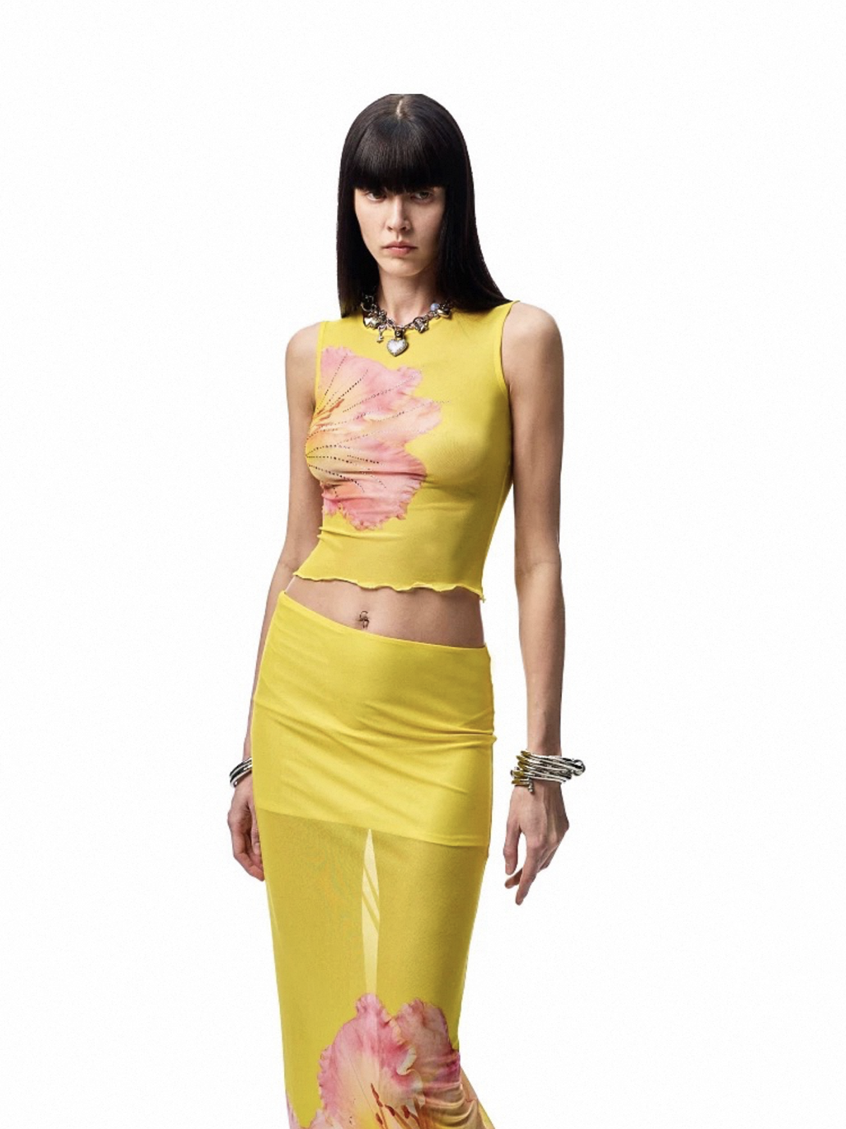 Brick Lane Skimming Mesh Sheer Floral Rhinestone Top - Yellow