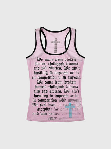 Brick Lane Skimming Rhinestone Mesh Sheer Tank Top - Pink