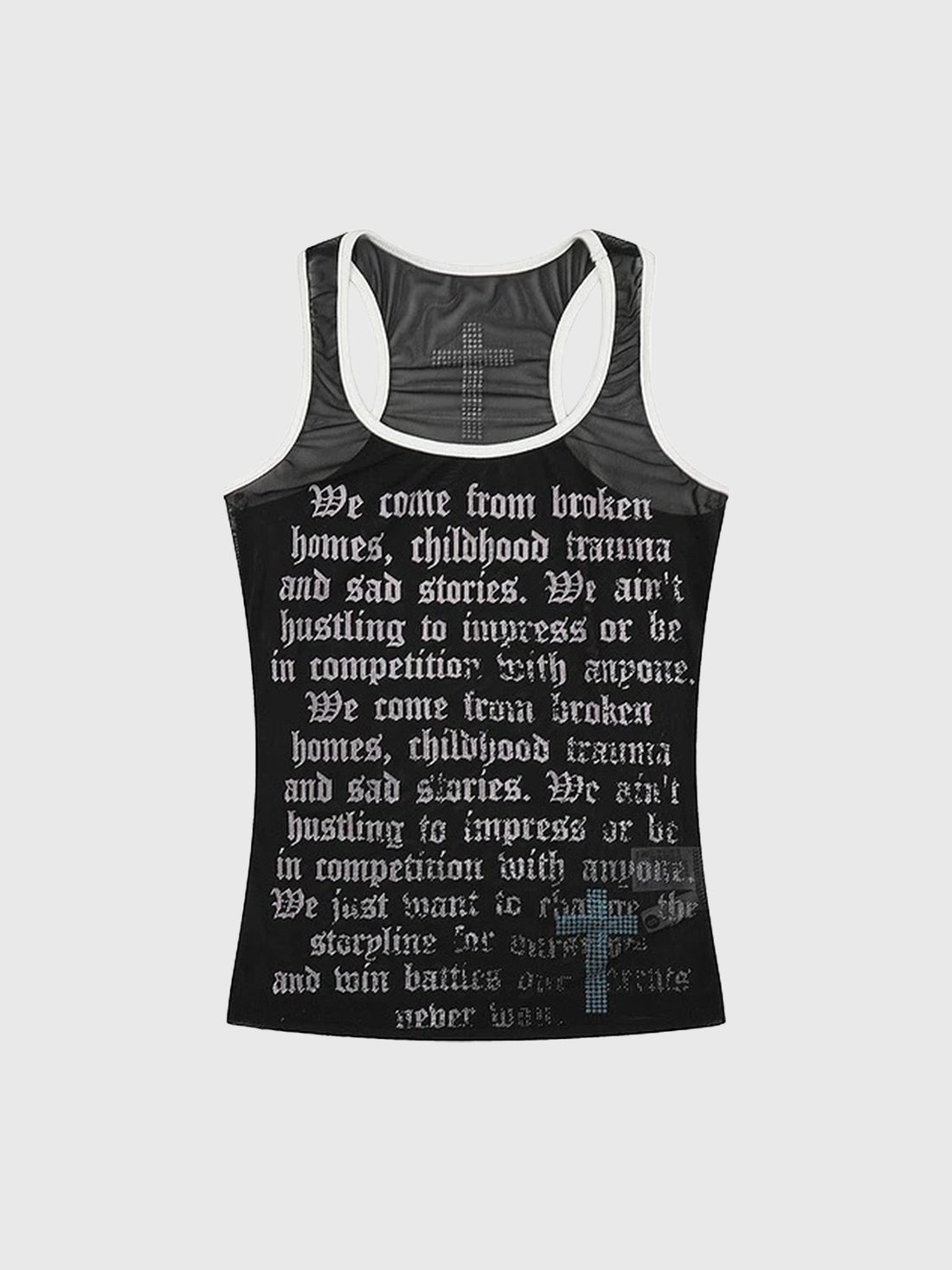 Brick Lane Skimming Rhinestone Mesh Sheer Tank Top - Black