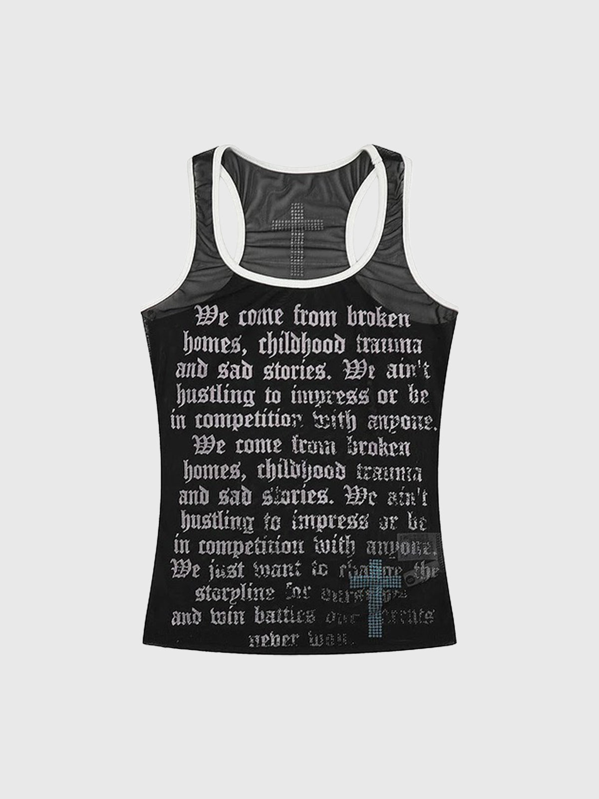 Brick Lane Skimming Rhinestone Mesh Sheer Tank Top - Black