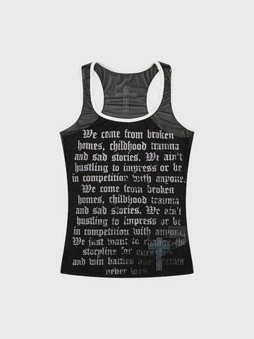 Brick Lane Skimming Rhinestone Mesh Sheer Tank Top - Black
