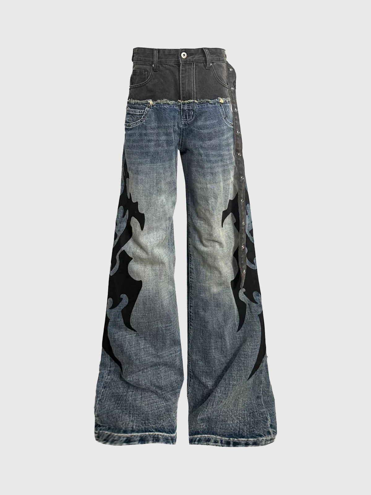 Brick Lane Wide-Leg Washed Distressed Panel Jeans - Blue
