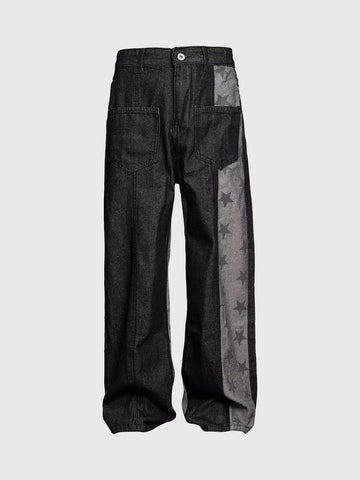 Brick Lane Wide-Leg Star Layered-Look Patchwork Jeans - Black