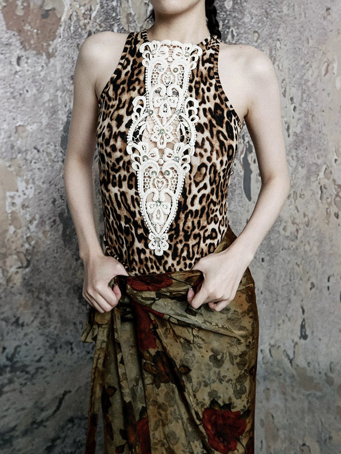 Brick Lane Skimming Lace Leopard Panel Tank Top - Brown