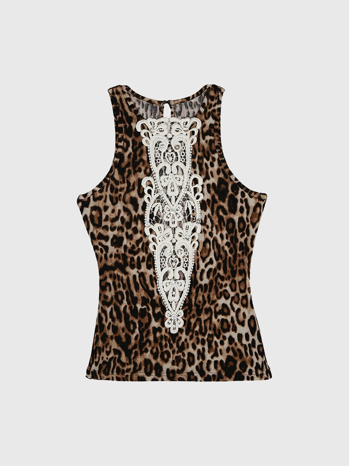 Brick Lane Skimming Lace Leopard Panel Tank Top - Brown